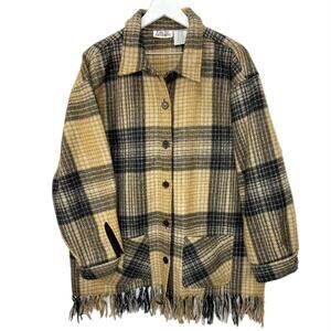 Vintage Fringe Shacket - Plaid Wool Blend - Oversized Boho Western - Size XL